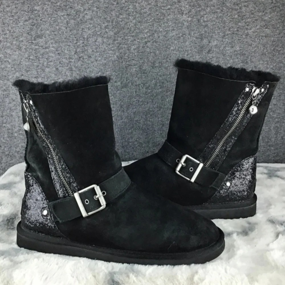Rare UGG Glitter Moto Black Boots with‎ Buckle and Zipper Size 8